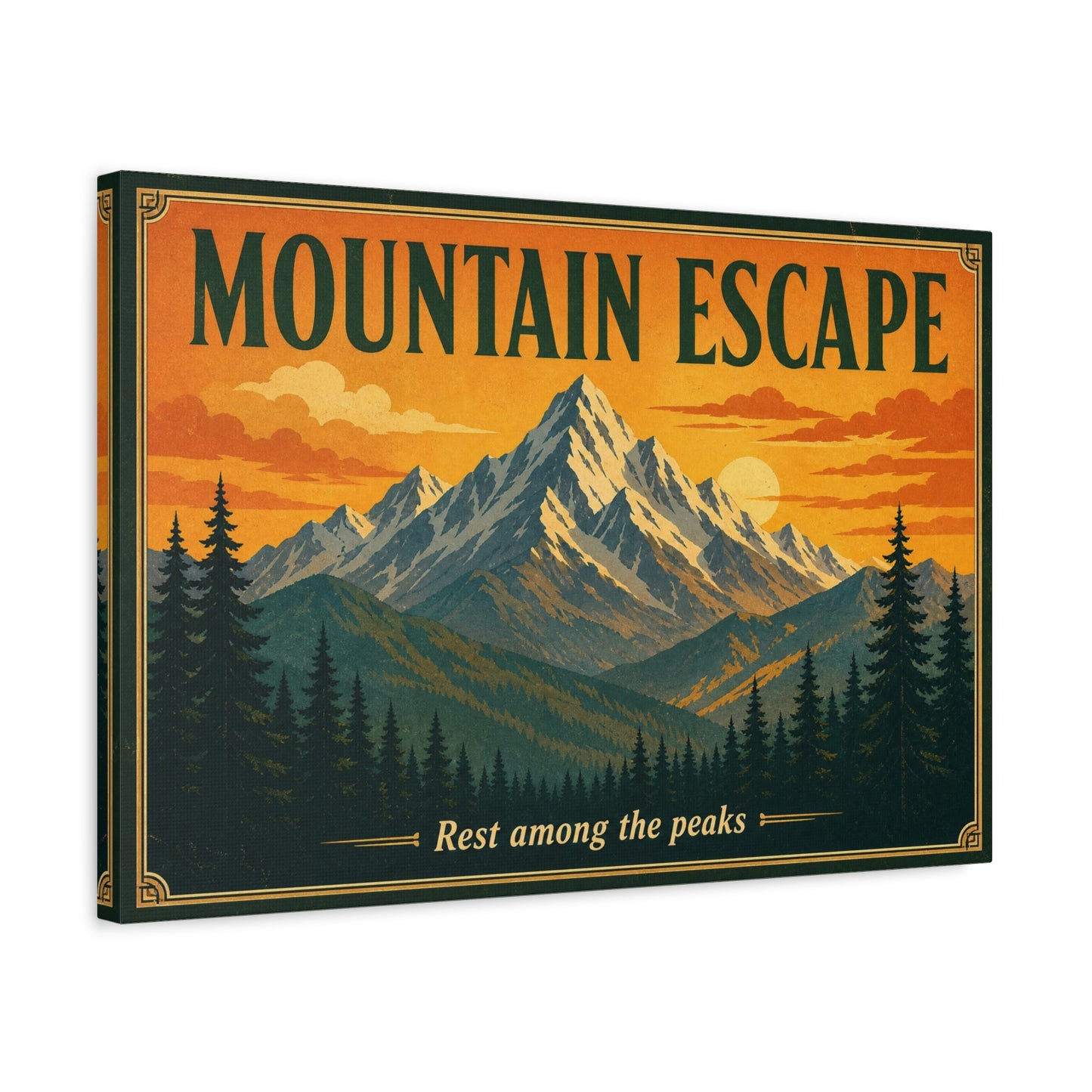 "Mountain Escape" Canvas Wall Art - Vintage Mountain Landscape Print, Sunset Pine Forest Poster Style - "Rest Among The Peaks" - Rustic Cabin Wall Decor, Living Room Home Accent - Ready to Hang