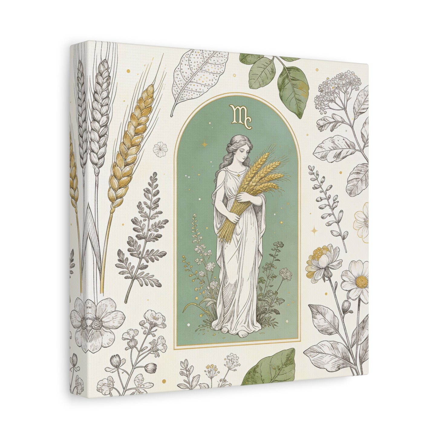 Virgo Zodiac Canvas Wall Art - Botanical Maiden Holding Wheat, Celestial Illustration - Sage Green Gold Cotton Print - Vintage Astrology Decor, Bedroom Wall Hanging Accent - Bedroom Home Decoration