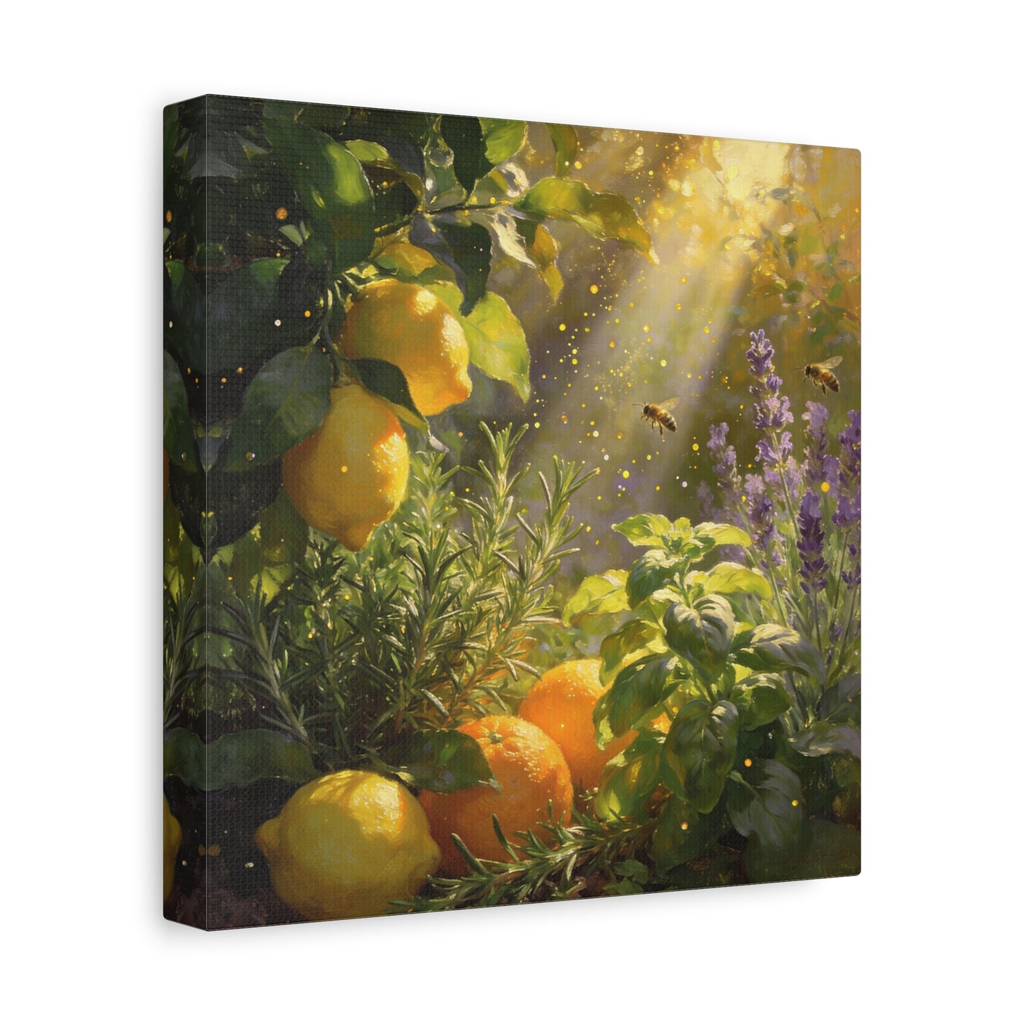 Lemon Herb Garden Canvas Wall Art - Bees, Lavender, Rosemary, Sunlit Botanical Painting - Matte Cotton Print, Rustic Farmhouse Style - Kitchen Wall Decor, Dining Room Accent - Bedroom Home Decoration