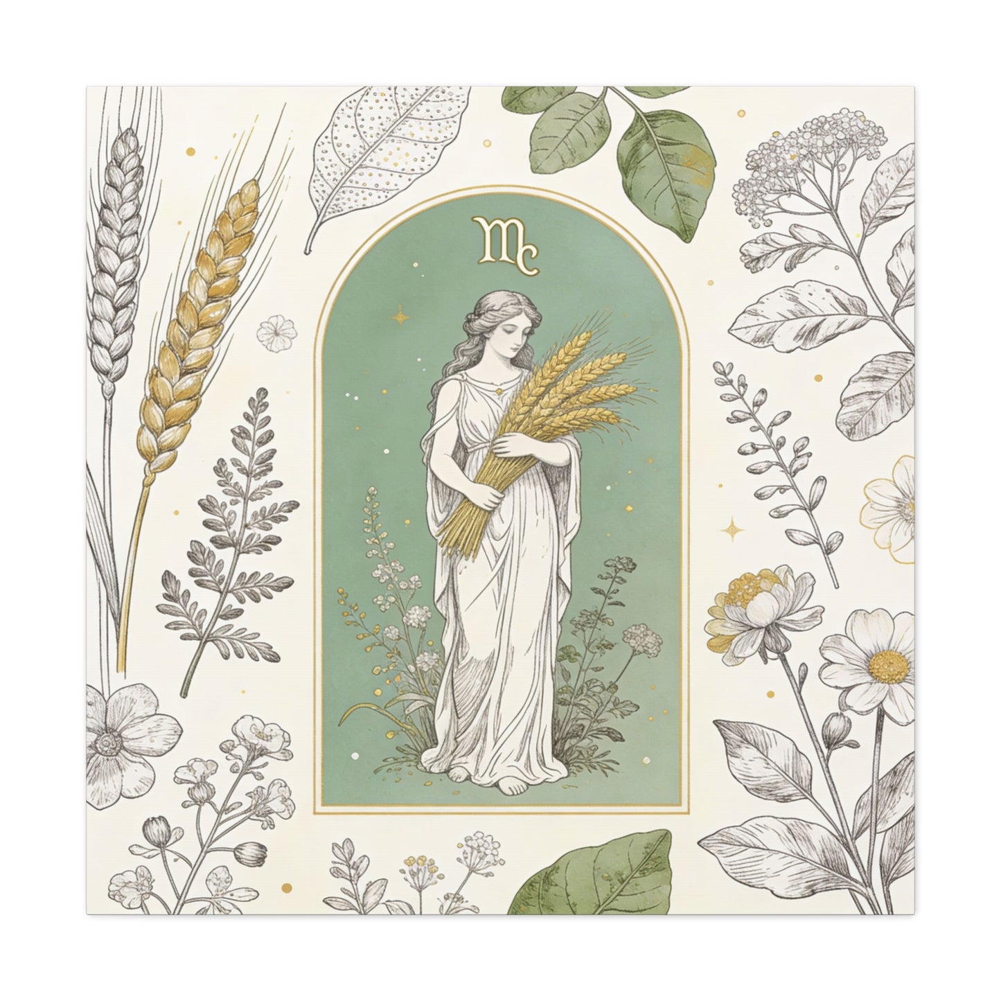 Virgo Zodiac Canvas Wall Art - Botanical Maiden Holding Wheat, Celestial Illustration - Sage Green Gold Cotton Print - Vintage Astrology Decor, Bedroom Wall Hanging Accent - Bedroom Home Decoration