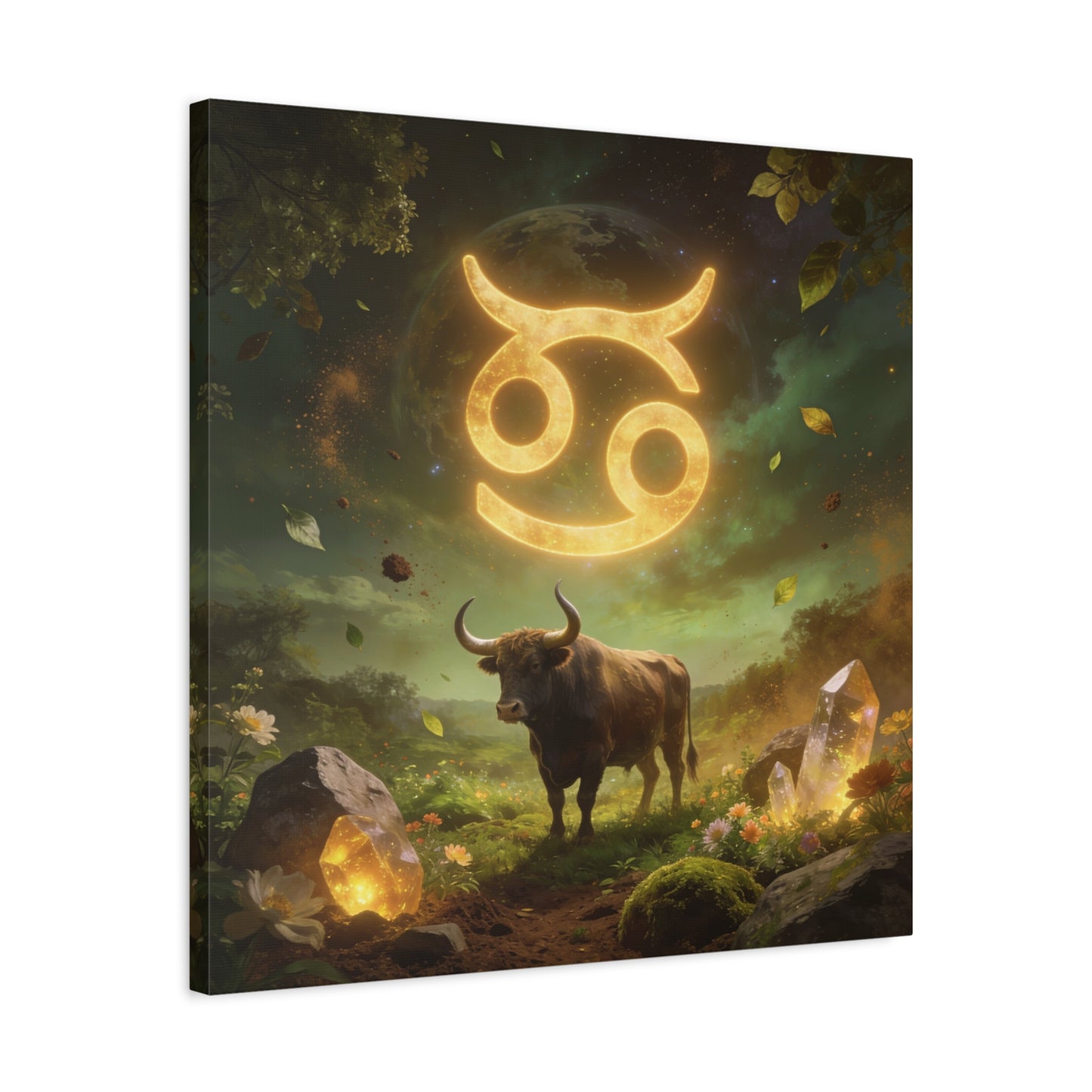 Cancer Zodiac Canvas Wall Art - Glowing Astrology Symbol, Bull And Crystal Fantasy Scene - Celestial Green Gold Illustration - Bedroom Home Decoration, Meditation Space Accent - Living Room Wall Decor