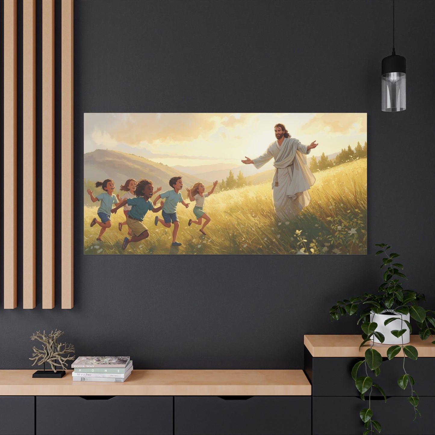 Jesus Christ With Children Canvas Wall Art - Golden Meadow Landscape, Christian Home Decor Print - Matte Cotton Canvas - Traditional Style For Living Room Bedroom Office - Living Room Wall Decor