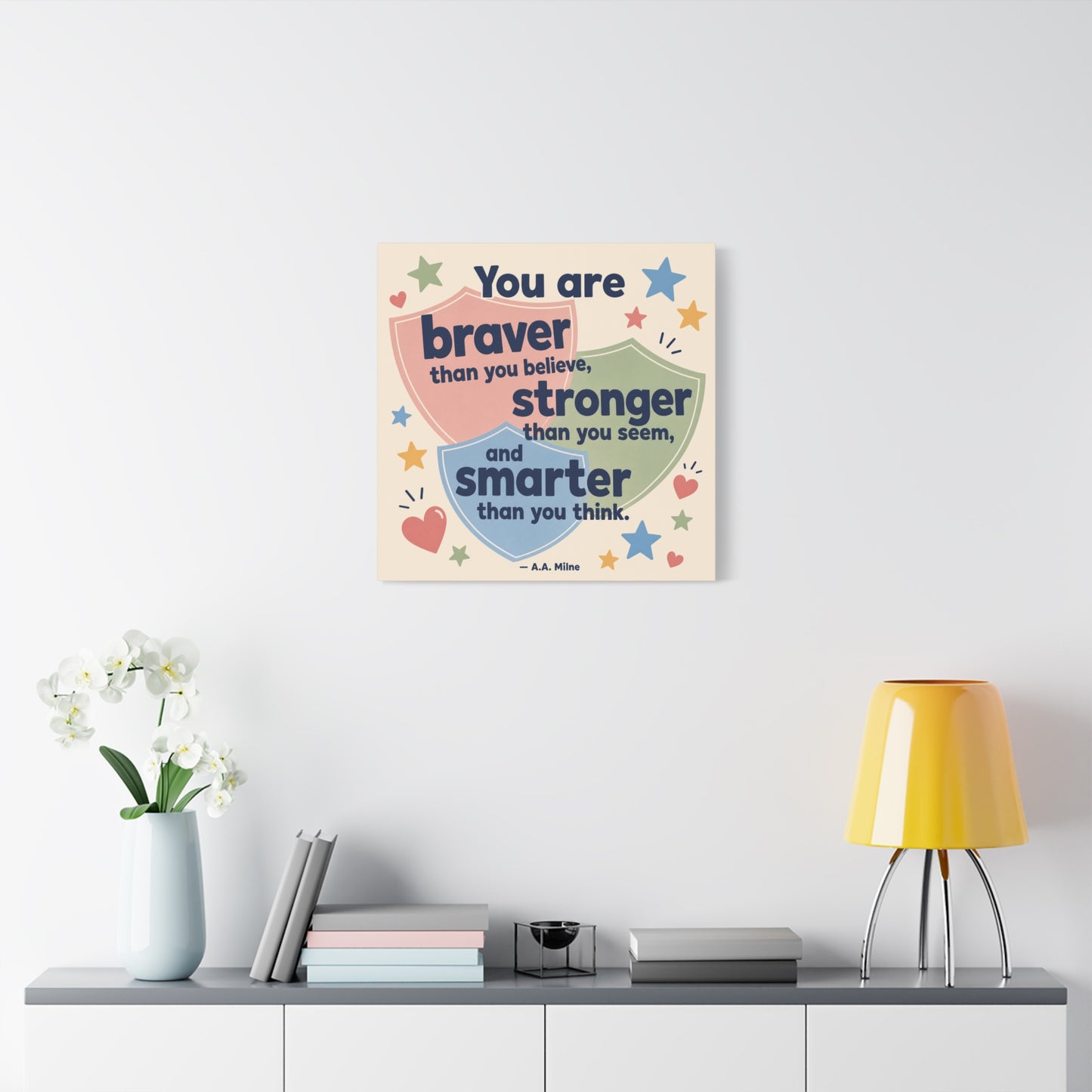 "You Are Braver, Stronger, Smarter" Quote Canvas Wall Art - Kids Inspirational Typography Print, Pastel Shield Stars Hearts Design - Nursery Bedroom Classroom Decor - Office Wall Art - Ready to Hang