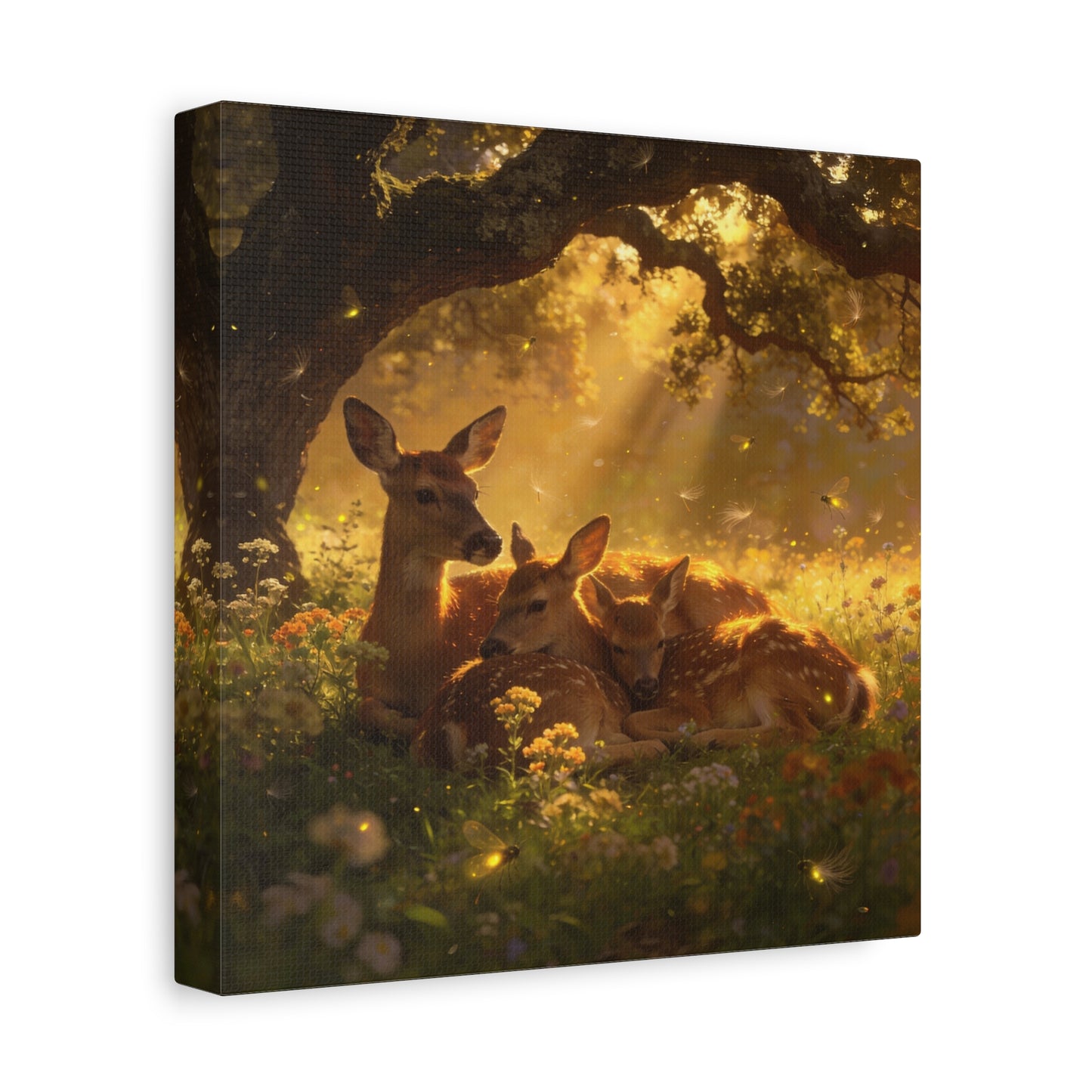 Doe And Fawns Canvas Wall Art - Woodland Deer Family In Golden Light, Whimsical Nature Scene - Matte Finish Cotton Print - Rustic Traditional Style - Bedroom Wall Decor - Bedroom Home Decoration