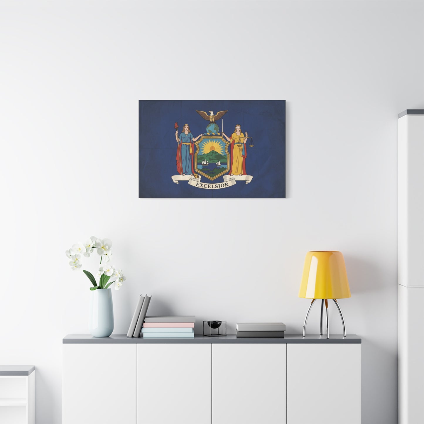 "Excelsior" New York State Flag Canvas Wall Art - Empire State Banner Print, Vintage Blue Heraldic Decor - Patriotic Illustration Style - Living Room Wall Decor, Office Art - Bedroom Home Decoration
