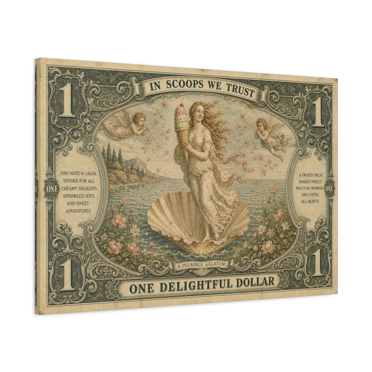 "In Scoops We Trust" Ice Cream Venus Canvas Wall Art - Vintage Parody Currency Print, Mythological Seaside Illustration, Whimsical Retro Decor, Living Room Bedroom Office Accent - Office Wall Art