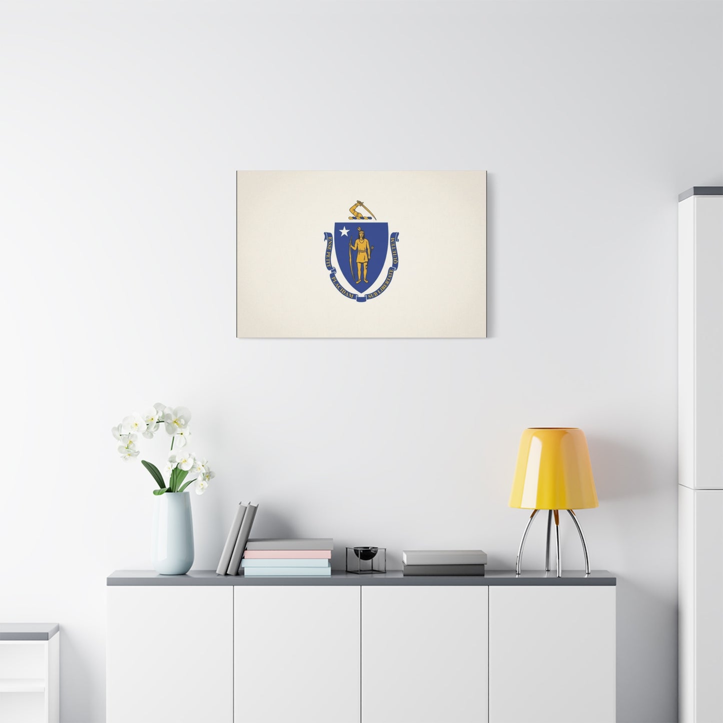 Massachusetts State Flag Canvas Wall Art - Ense Petit Placidam Sub Libertate Quietem - Blue Shield Native American Crest - Minimalist Patriotic Decor - Living Room Wall Decor - Bedroom Home Decoration