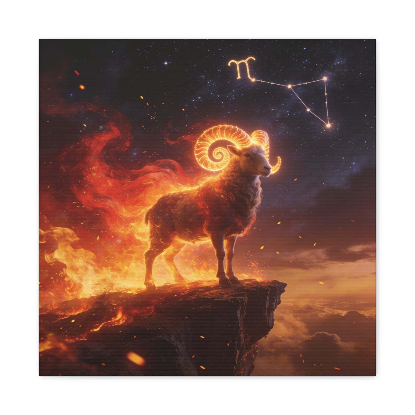 Aries Ram Canvas Wall Art - Fiery Zodiac Constellation Celestial Animal Print - Glowing Horns, Cosmic Night Sky - Contemporary Fantasy Style - Bedroom Home Decoration Office Wall Art - Ready to Hang