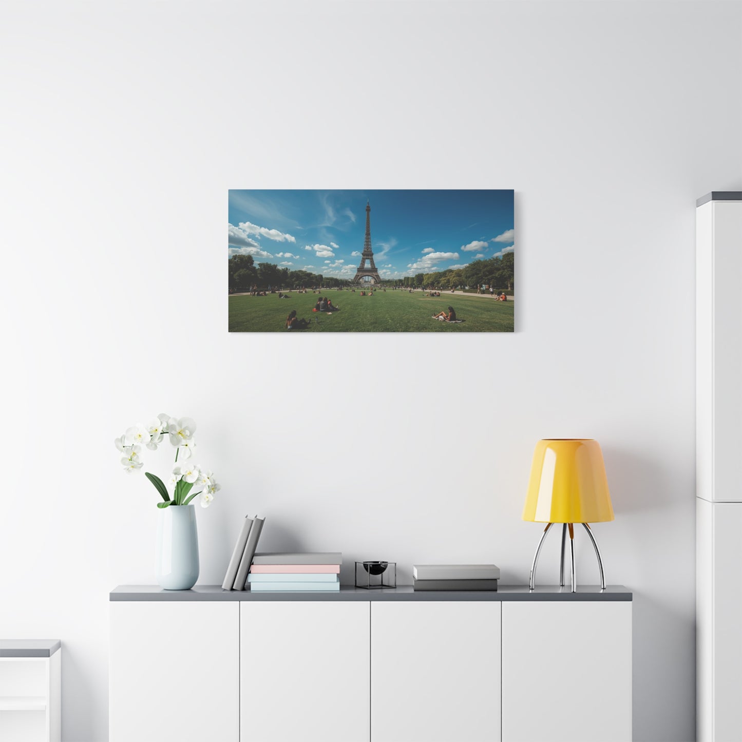 Eiffel Tower Canvas Wall Art Paris Landmark Art Print - Blue Sky, Green Lawn, Travel Cityscape Decor - Matte Cotton Artwork - Living Room Wall Decor, Office Art Accent - Bedroom Home Decoration