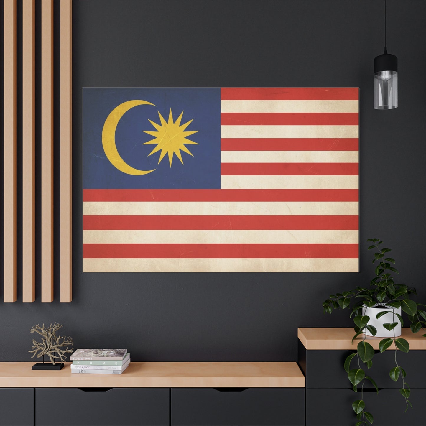 Malaysia Flag Canvas Wall Art - Vintage Malaysian Crescent And 14 Point Star Print - Patriotic Red White Blue Stripes - Cultural Heritage Decor - Living Room Office Wall Decor - Modern Farmhouse Style