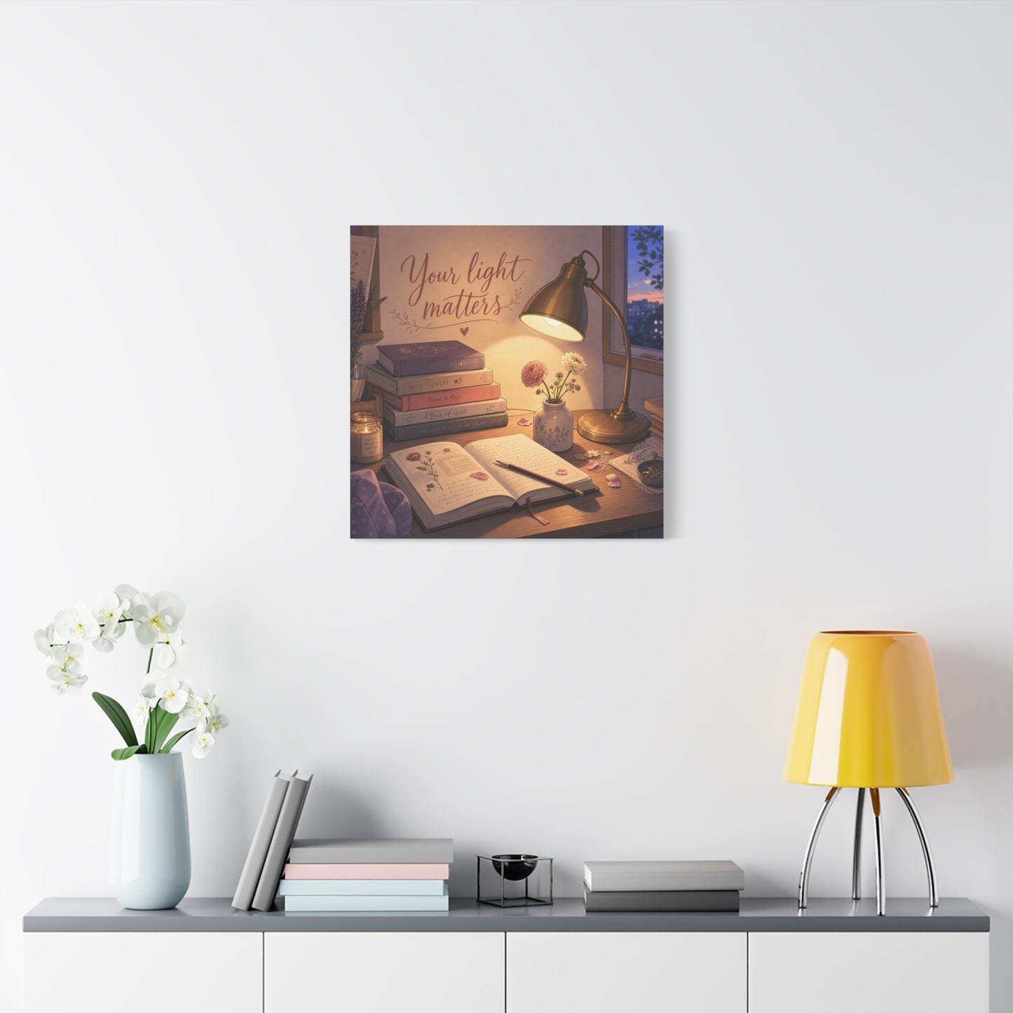 "Your Light Matters" Inspirational Canvas Wall Art - Cozy Desk Lamp Books Floral Print - Warm Vintage Bedroom Wall Decor - Reading Nook Home Decoration - Ready to Hang - Bedroom Home Decoration