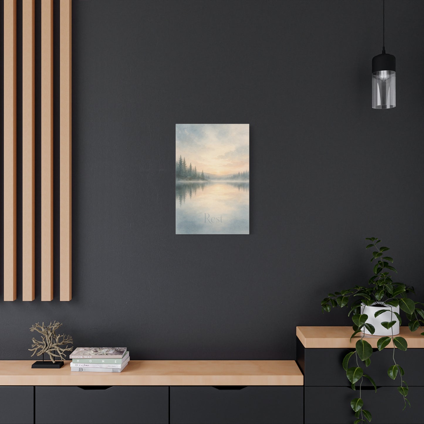 "Rest" Misty Lake Canvas Wall Art - Pine Forest Sunrise Reflection Print - Serene Landscape Home Decor, Bedroom Wall Hanging, Minimalist Nature Artwork, Meditation Space Accent - Ready to Hang