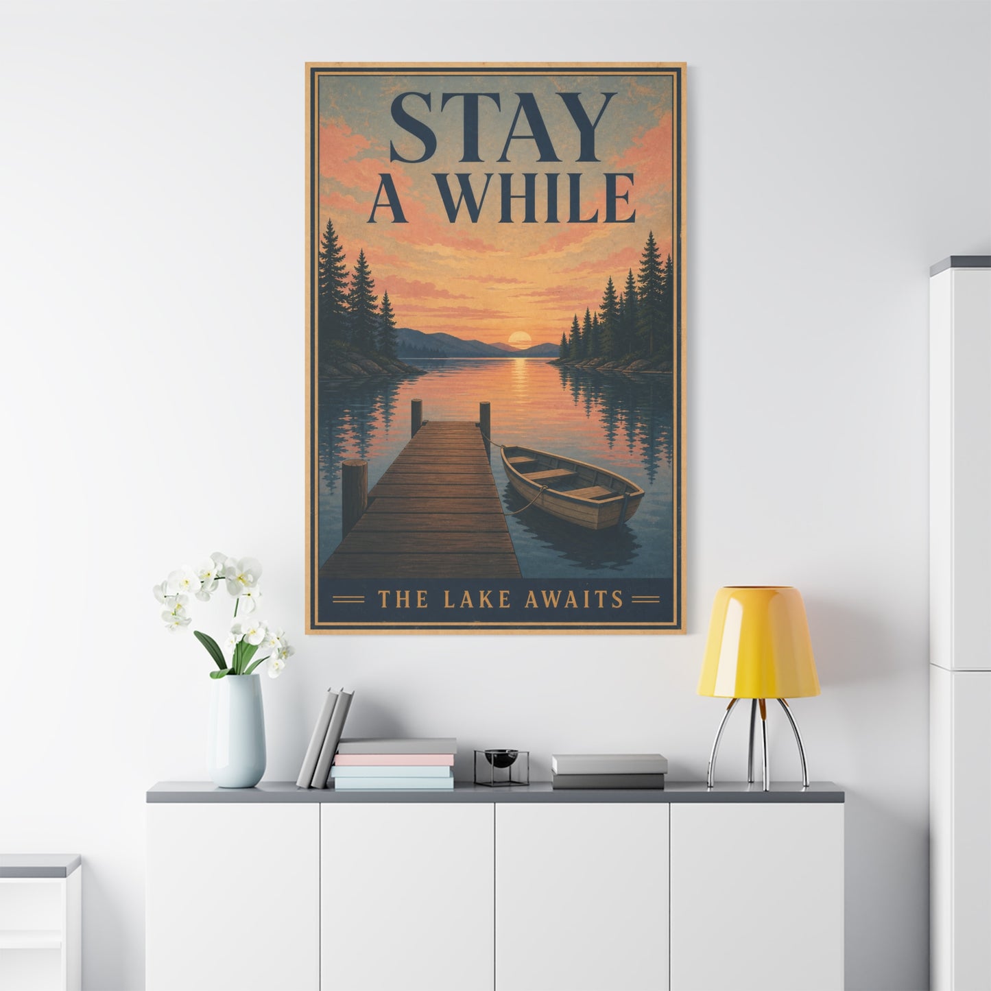 "Stay A While The Lake Awaits" Lake Sunset Canvas Wall Art - Vintage Dock And Rowboat Landscape Print, Rustic Cabin Decor, Bedroom Home Decoration, Entryway Accent - Office Wall Art - Ready to Hang