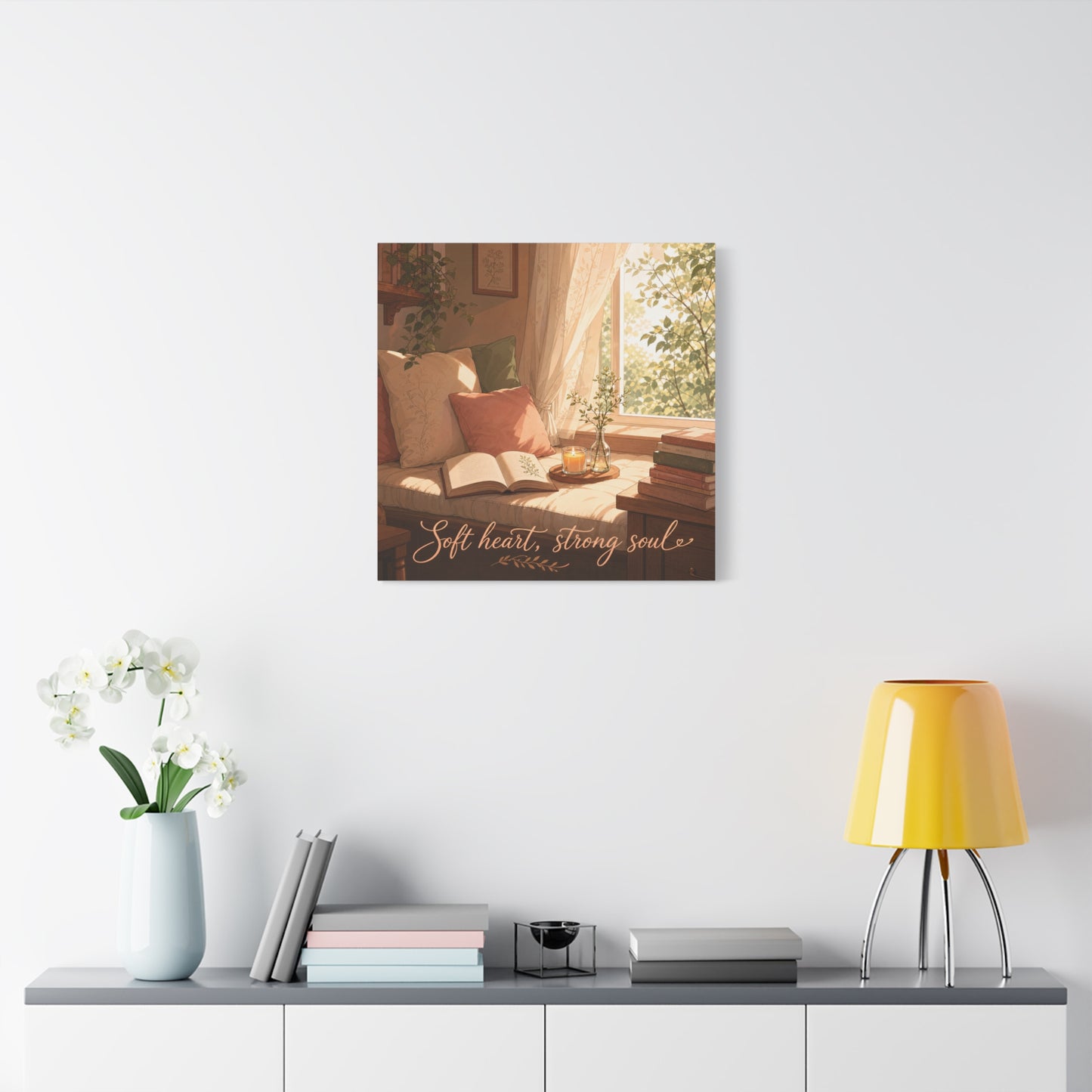 "Soft Heart, Strong Soul" Reading Nook Canvas Wall Art - Sunlit Window Seat, Books, Candle, Botanical Bedroom Decor - Cozy Cottagecore Style - Living Room Wall Decor - Bedroom Home Decoration