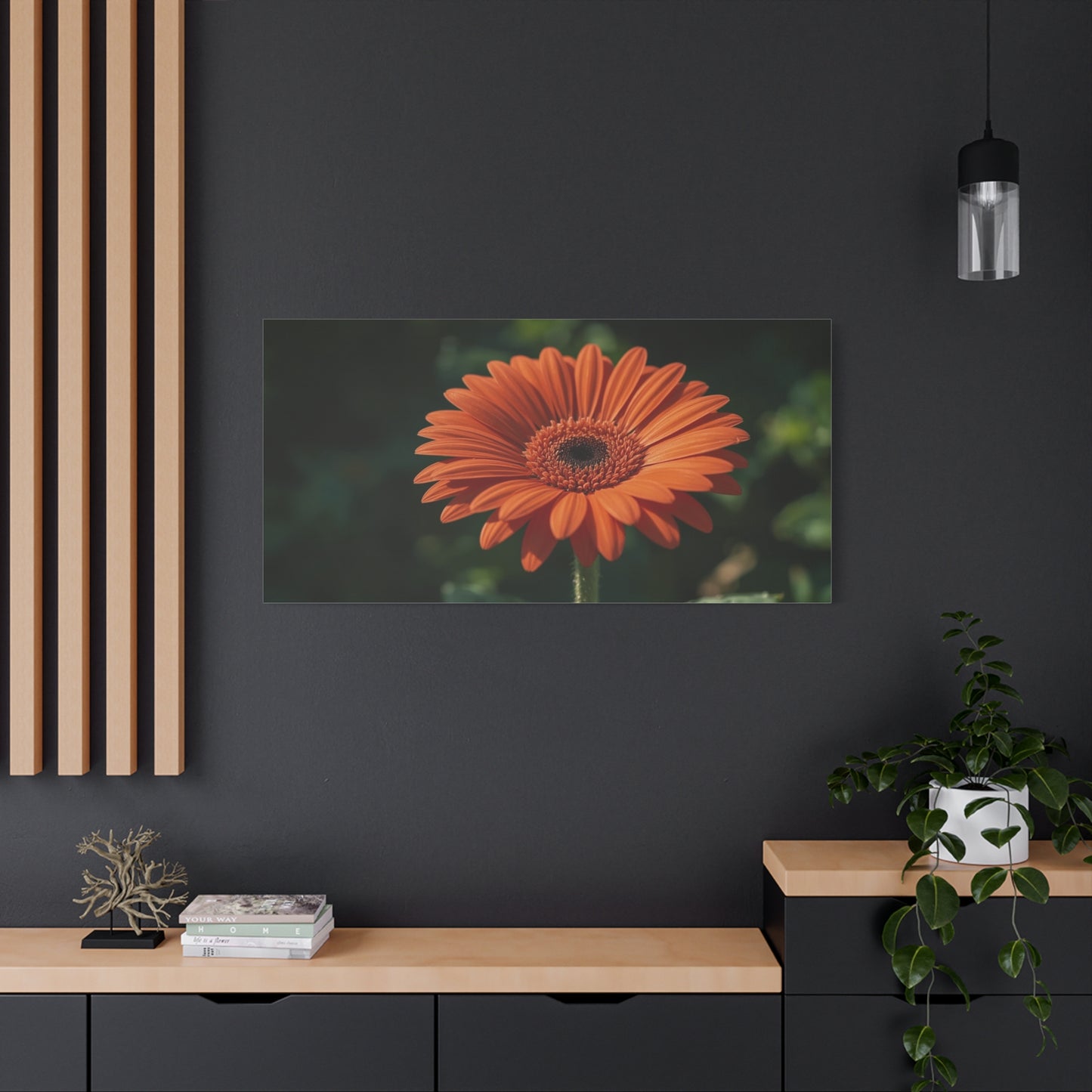 Orange Gerbera Daisy Canvas Wall Art - Botanical Floral Art Print, Dark Green Background - Matte Cotton Decor - Bedroom Wall Hanging, Living Room Home Accent - Bedroom Home Decoration