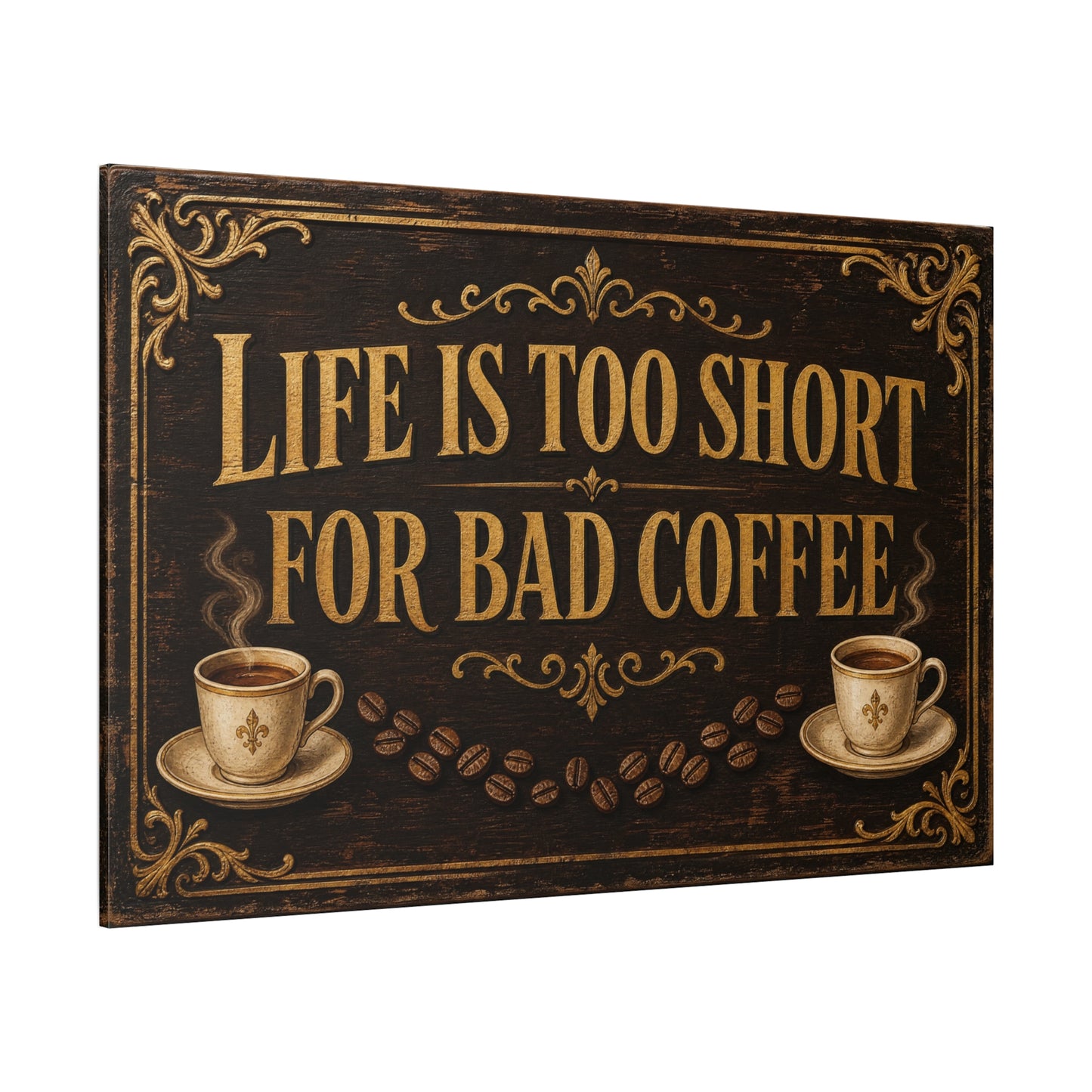"Life Is Too Short For Bad Coffee" Canvas Wall Art - Vintage Coffee Quote Decor, Rustic Brown Typography Print, Farmhouse Cafe Wall Hanging - Ready to Hang - Bistro Decor - Espresso Bar Sign