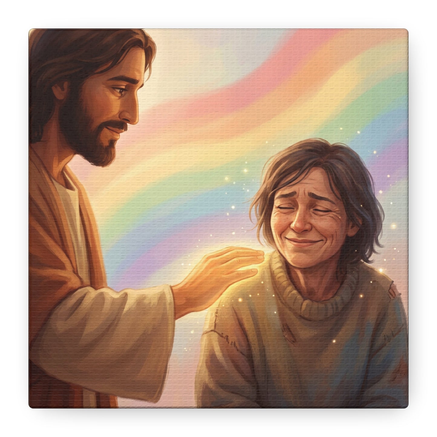 Jesus Christ Comforting Woman Canvas Wall Art - Rainbow Christian Wall Decor, Faith Home Decoration - Matte Canvas Print, Inspirational Religious Artwork - Living Room Bedroom Office - Ready to Hang