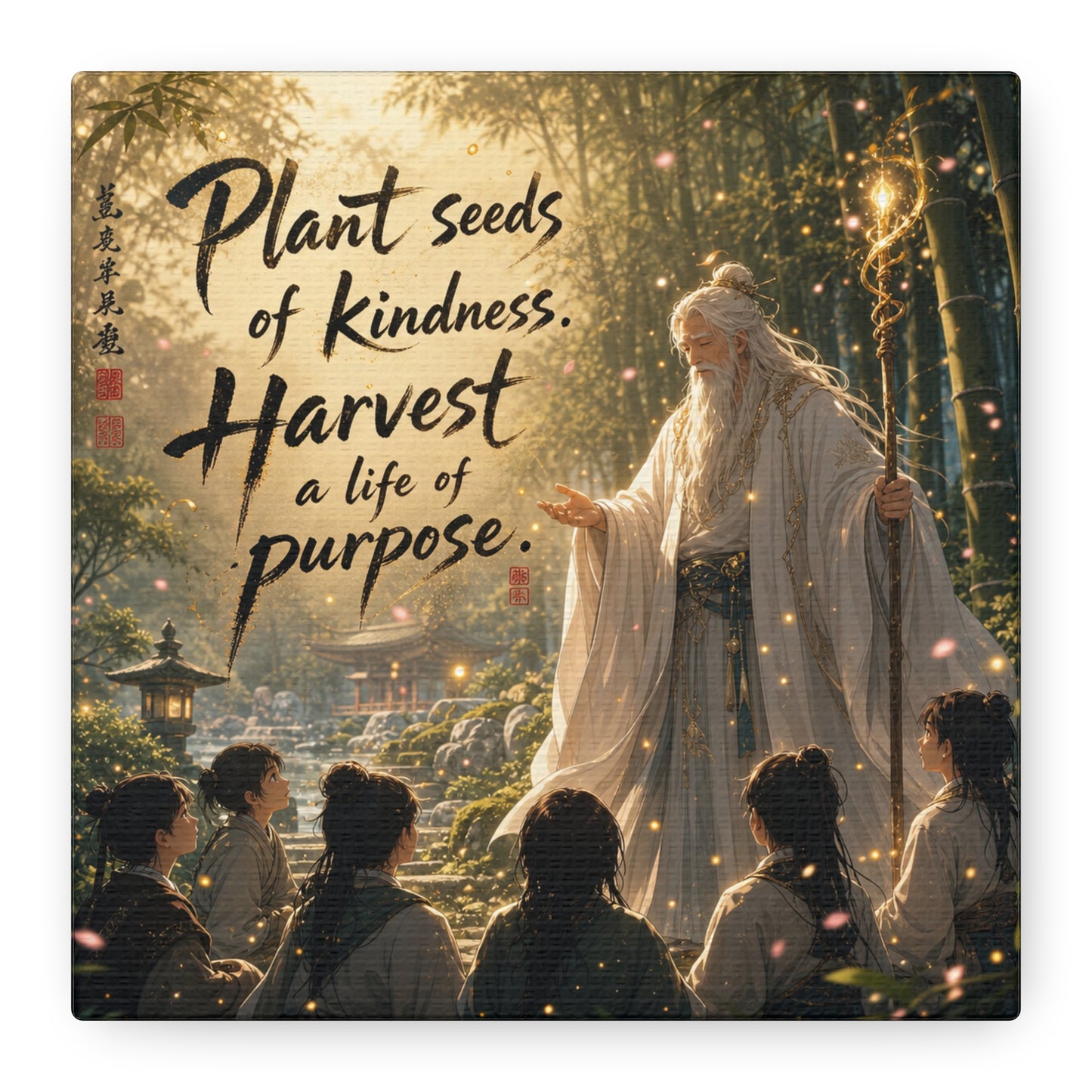 "Plant Seeds Of Kindness. Harvest A Life Of Purpose." Zen Canvas Wall Art - Wise Elder In Bamboo Garden, Inspirational Typography Print - Traditional Style, Bedroom Meditation Decor - Office Wall Art