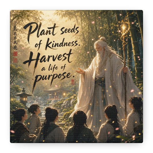 "Plant Seeds Of Kindness. Harvest A Life Of Purpose." Zen Canvas Wall Art - Wise Elder In Bamboo Garden, Inspirational Typography Print - Traditional Style, Bedroom Meditation Decor - Office Wall Art