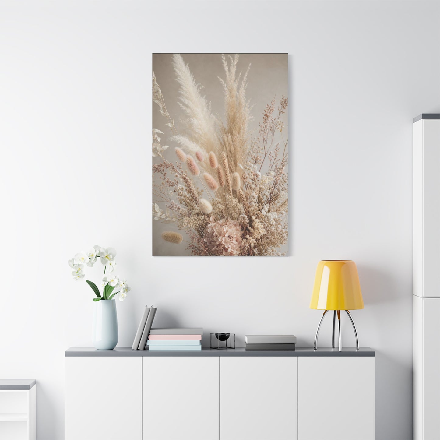Dried Pampas Grass Floral Canvas Wall Art - Neutral Botanical Bouquet, Blush Bunny Tail Stems, Cotton Canvas Print - Bohemian Farmhouse Style - Bedroom Wall Decor, Spa Accent - Bedroom Home Decoration