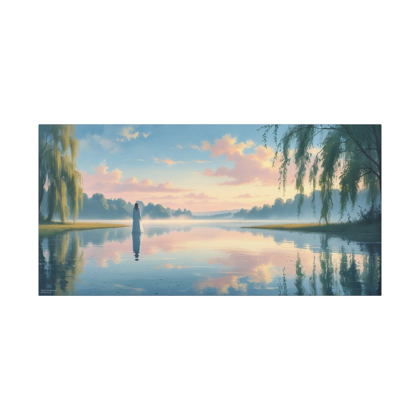 Woman In White By Misty Lake Canvas Wall Art - Pastel Sunrise Waterscape, Willow Trees Reflection - Matte Cotton Print - Contemporary Landscape Decor For Living Room Bedroom Office - Office Wall Art