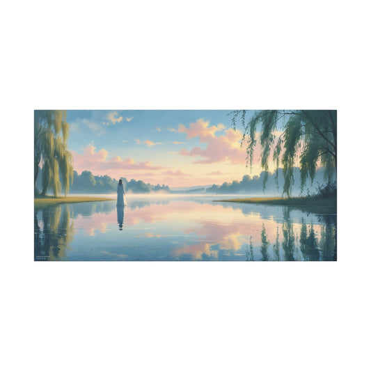 Woman In White By Misty Lake Canvas Wall Art - Pastel Sunrise Waterscape, Willow Trees Reflection - Matte Cotton Print - Contemporary Landscape Decor For Living Room Bedroom Office - Office Wall Art