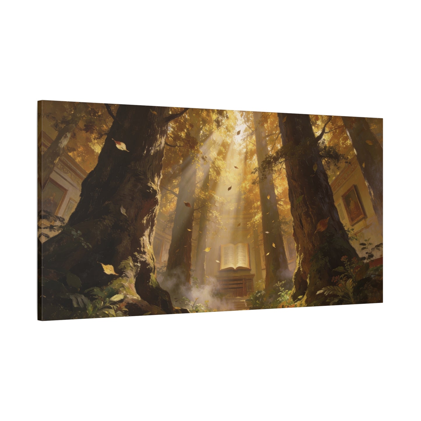 Enchanted Forest Library Canvas Wall Art - Sunbeams, Open Book, Autumn Trees - Matte Cotton Art Print - Fantasy Landscape Style - Living Room Wall Decor, Office Accent - Bedroom Home Decoration