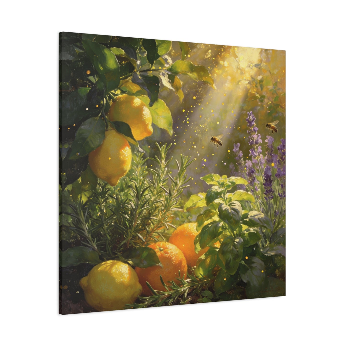 Lemon Herb Garden Canvas Wall Art - Bees, Lavender, Rosemary, Sunlit Botanical Painting - Matte Cotton Print, Rustic Farmhouse Style - Kitchen Wall Decor, Dining Room Accent - Bedroom Home Decoration