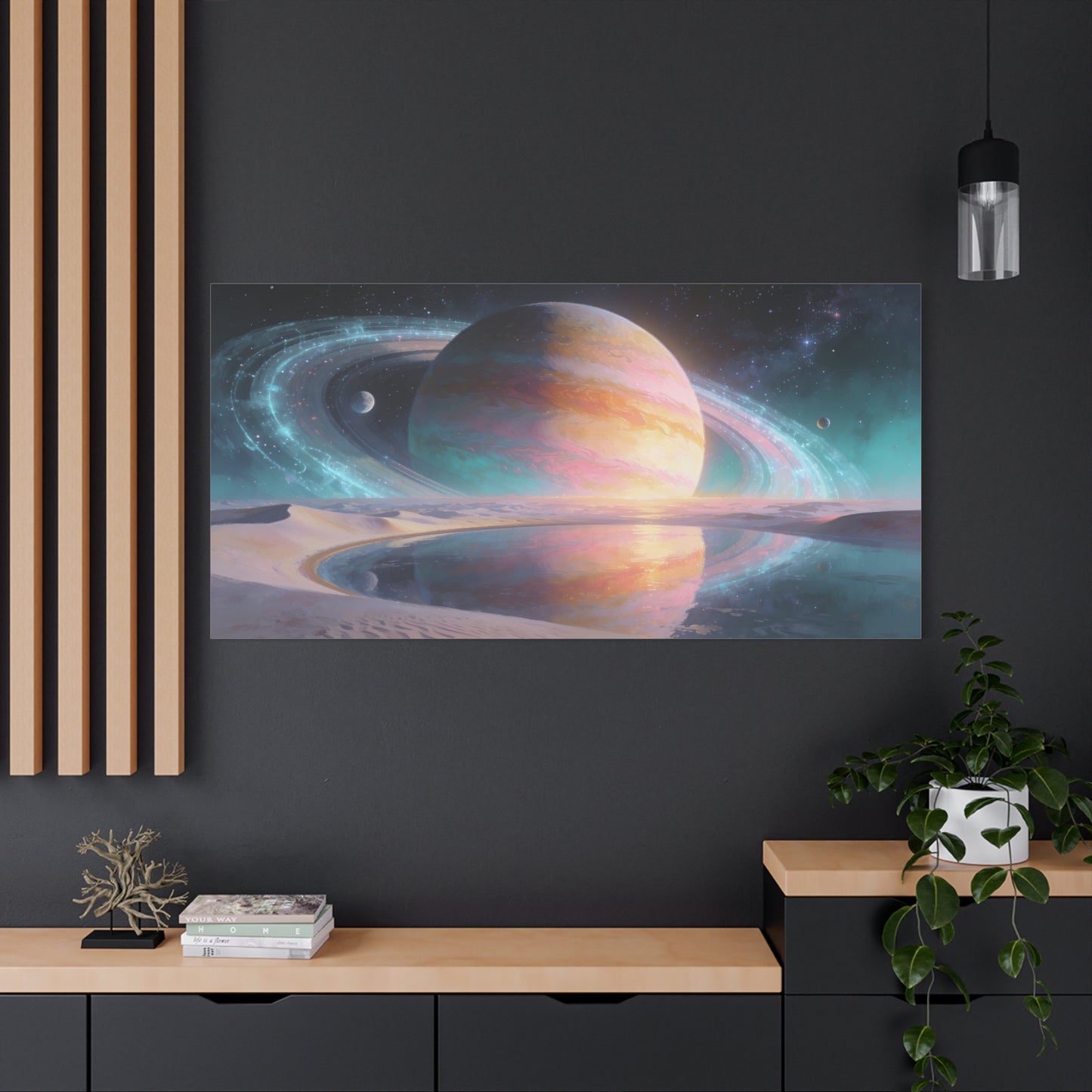 Ringed Planet Canvas Wall Art - Pastel Space Landscape, Celestial Desert Lake Reflection - Contemporary Surreal Canvas Print - Living Room Wall Decor, Bedroom Home Decoration - Bedroom Home Decoration