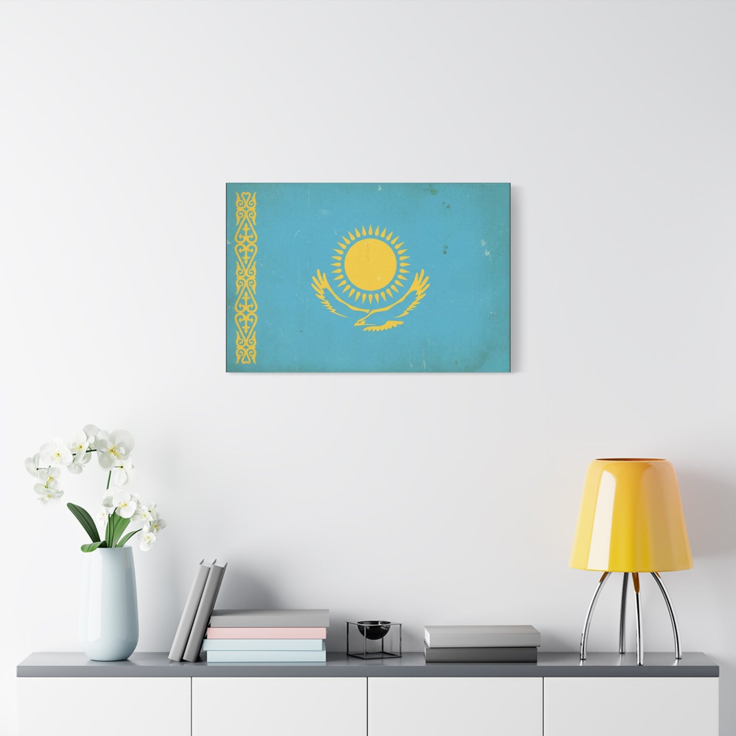 Kazakhstan Flag Canvas Wall Art - Blue And Gold Sun Eagle Emblem, Vintage Nation Print - Matte Cotton Artwork, Patriotic Living Room Wall Decor, Office Art Accent Style - Bedroom Home Decoration