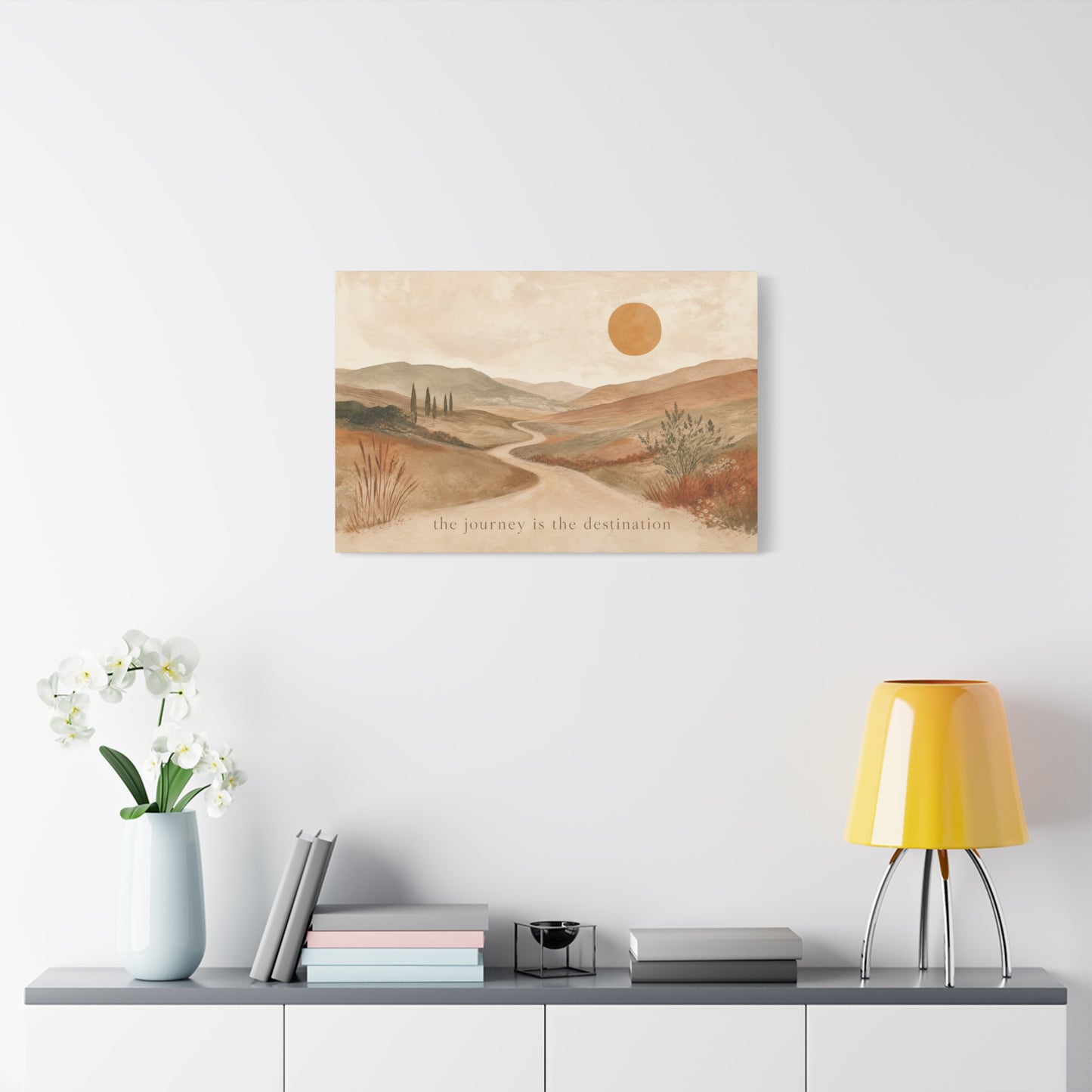 "The Journey Is The Destination" Landscape Canvas Wall Art - Desert Hills, Winding Path, Terracotta Sun - Minimalist Typography Print - Bedroom Wall Decor, Living Room Home Decoration - Ready to Hang