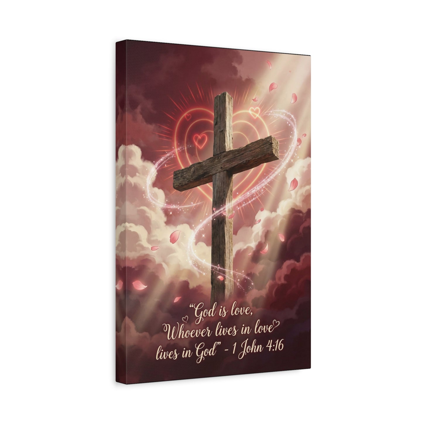 "God Is Love, Whoever Lives In Love Lives In God" Cross Canvas Wall Art - 1 John 4:16 Scripture Print, Romantic Christian Decor, Traditional Bedroom Wall Decor - Bedroom Home Decoration