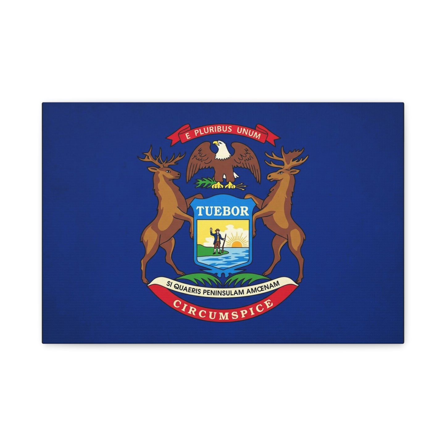 "E Pluribus Unum" Michigan State Flag Canvas Wall Art - Blue Crest With Elk Eagle And "Tuebor" - Vintage Heraldic Decor, Living Room Wall Decor, Office Art - Bedroom Home Decoration - Ready to Hang