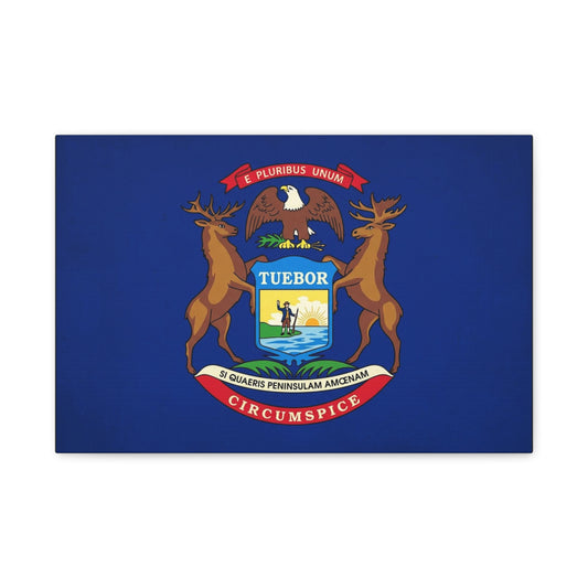 "E Pluribus Unum" Michigan State Flag Canvas Wall Art - Blue Crest With Elk Eagle And "Tuebor" - Vintage Heraldic Decor, Living Room Wall Decor, Office Art - Bedroom Home Decoration - Ready to Hang
