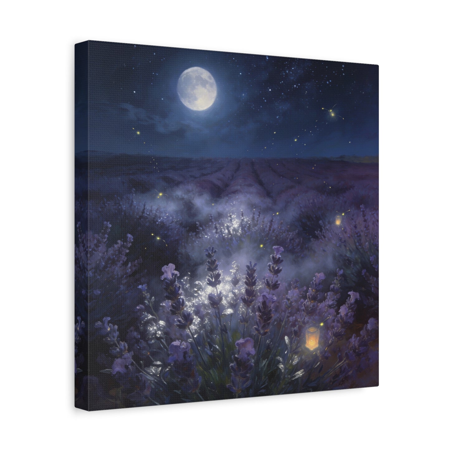Moonlit Lavender Field Canvas Wall Art - Firefly Night Landscape, capiz shells wall decor - Matte Cotton Art Print, Calming Traditional Style - Bedroom Home Decoration, Office Wall Art - Ready to Hang