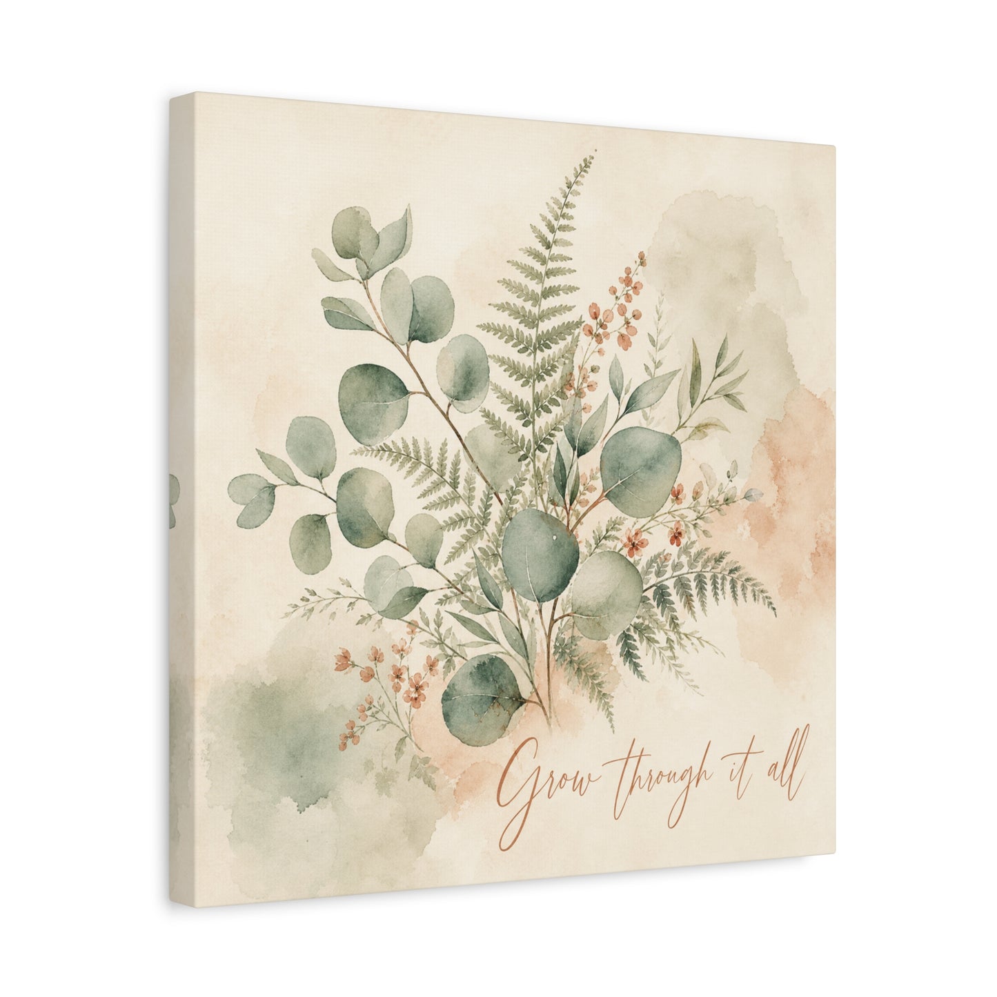 "Grow Through It All" Botanical Canvas Wall Art - Eucalyptus Fern Watercolor Quote Print, Sage Green Floral Home Decor - Modern Farmhouse Style, Bedroom Wall Hanging - Ready to Hang - Ready to Hang