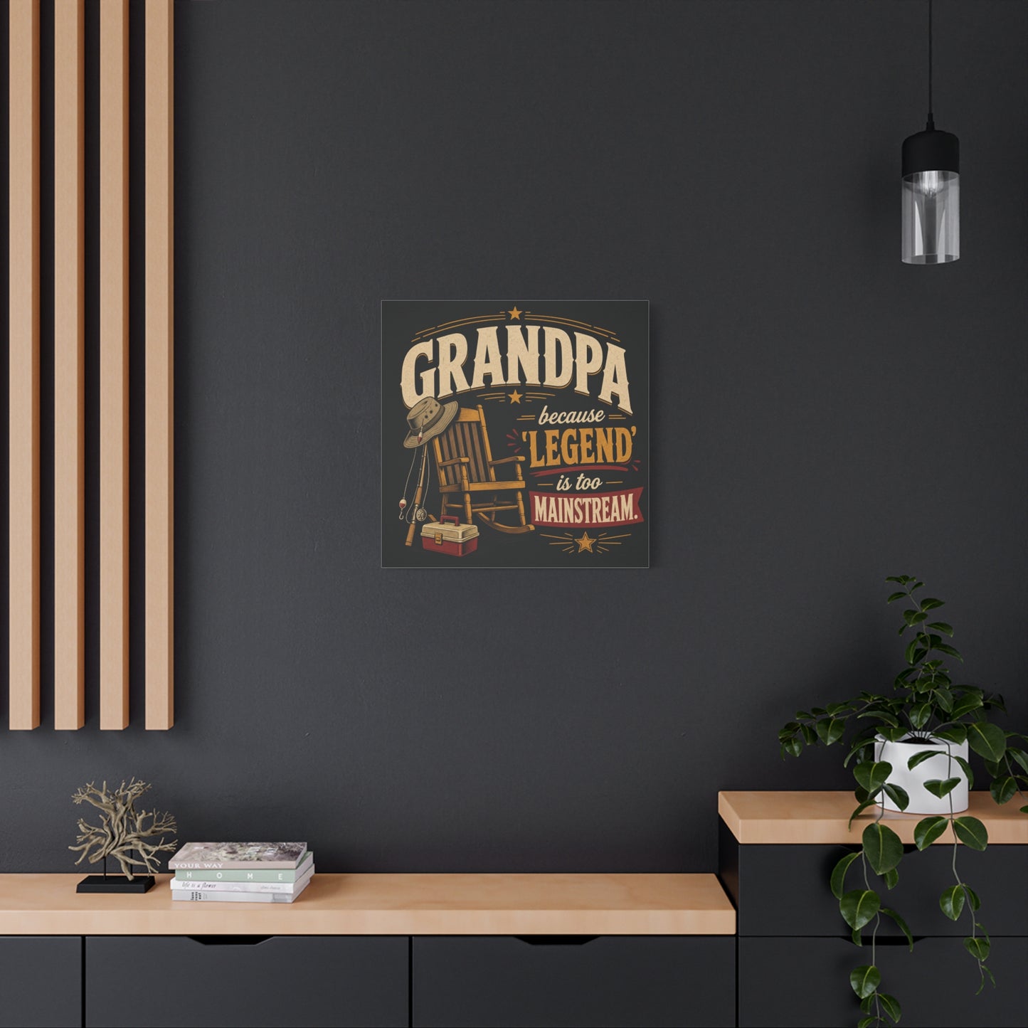 "Grandpa Because 'Legend' Is Too Mainstream" Canvas Wall Art - Vintage Fishing Rocking Chair Print - Rustic Typography Decor - Living Room Wall Decor - Ready to Hang - Bedroom Home Decoration