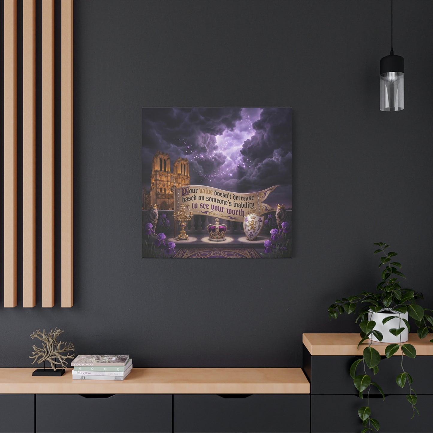"Your Value Doesn't Decrease Based On Someone's Inability To See Your Worth" Canvas Wall Art - Gothic Cathedral, Purple Sky, Crown And Lions - Inspirational Home Decor - Living Room Bedroom