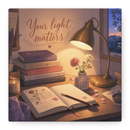 "Your Light Matters" Inspirational Canvas Wall Art - Cozy Desk Lamp Books Floral Print - Warm Vintage Bedroom Wall Decor - Reading Nook Home Decoration - Ready to Hang - Bedroom Home Decoration
