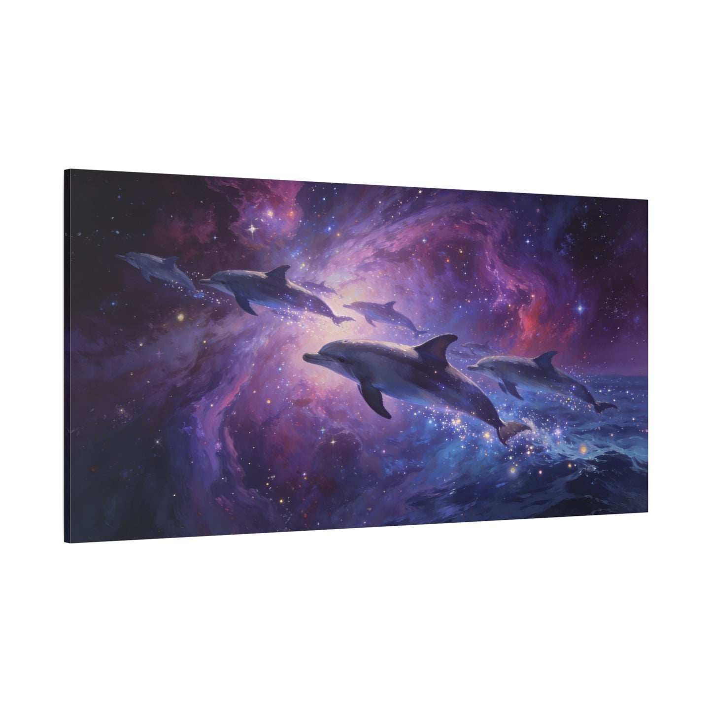 Cosmic Dolphin Canvas Wall Art - Celestial Ocean Galaxy Painting, Zebra Print Wallpaper Inspired Purple Blue Space Scene - Matte Canvas Print - Bedroom Living Room Decor - Living Room Wall Decor