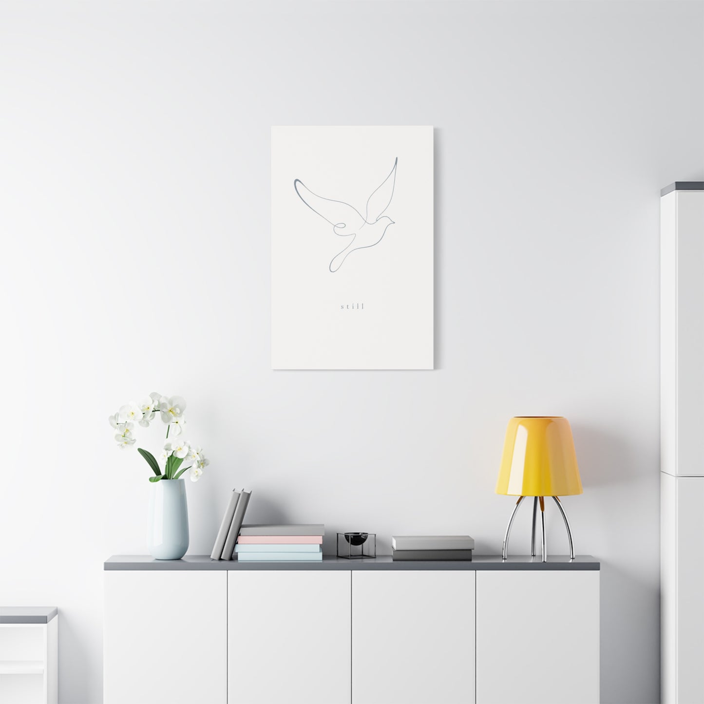 "Still" Dove Canvas Wall Art - Minimalist Line Drawing Bird Print, Calm Neutral Typography Decor - Modern Bedroom Home Decoration, Meditation Space Accent, Living Room Wall Decor - Ready to Hang