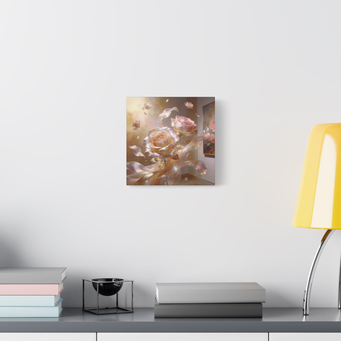 Iridescent Pink Rose Canvas Wall Art - Pearlescent Floral Wall Decor, Dreamy Botanical Home Decoration - Luminous Matte Canvas Print - Romantic Contemporary Style, Bedroom Accent - Ready to Hang