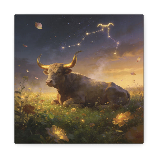 Taurus Zodiac Bull Canvas Wall Art - Celestial Constellation Night Meadow, Golden Horns, Dreamy Illustration - Matte Cotton Print - Bedroom Home Decoration, Office Wall Decor - Bedroom Home Decoration