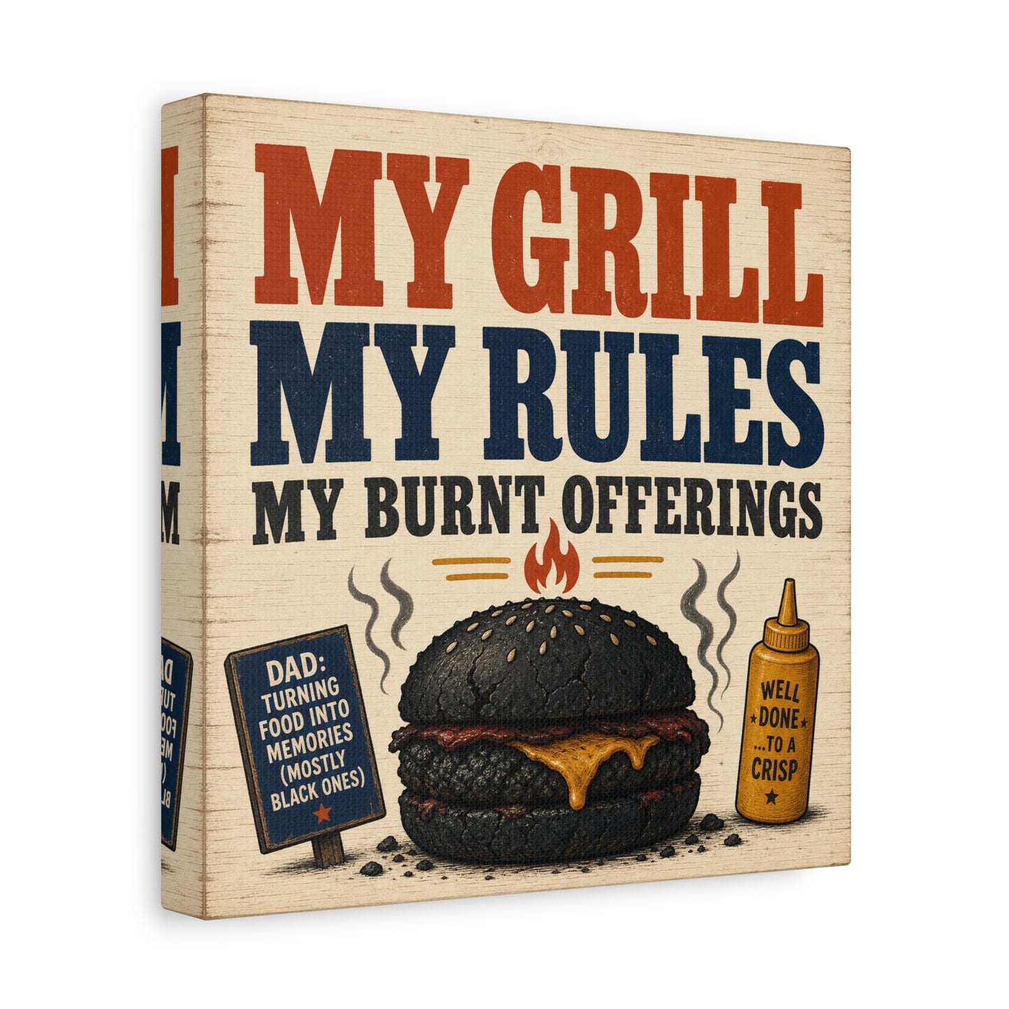 "My Grill My Rules My Burnt Offerings" Funny BBQ Canvas Wall Art - Burnt Burger Grill Sign, Rustic Farmhouse Kitchen Decor, Patriotic Red Blue Typography Print - Man Cave Wall Decor - Ready to Hang