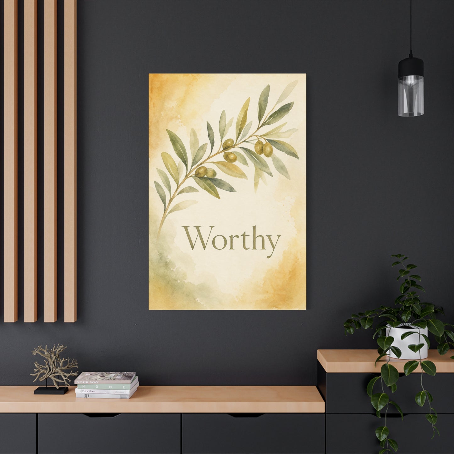 "Worthy" Olive Branch Canvas Wall Art - Botanical Inspirational Wall Decor - Watercolor Sage Gold Canvas Print - Bedroom Living Room Decoration - Ready to Hang - Bedroom Home Decoration