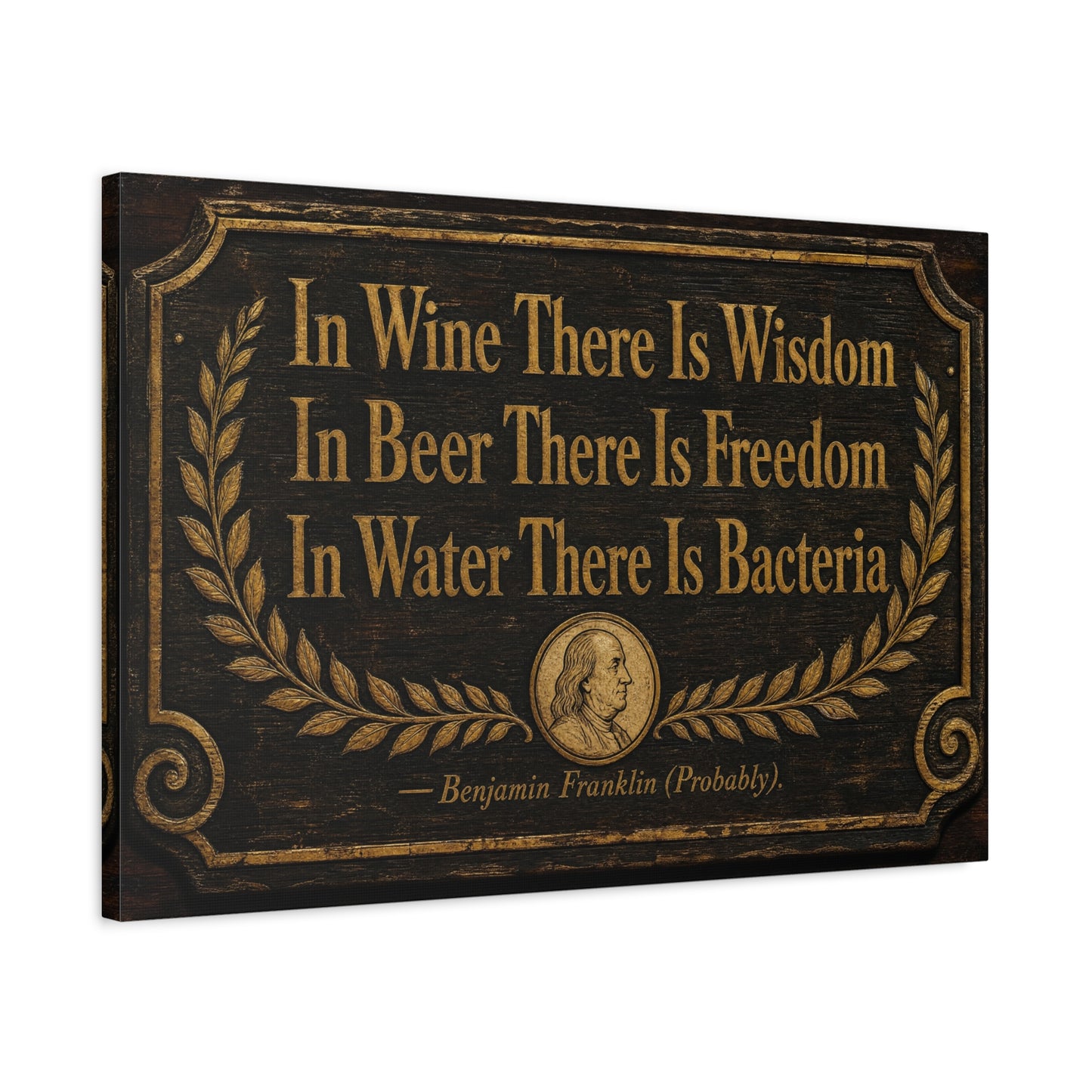 "In Wine There Is Wisdom In Beer There Is Freedom" Canvas Wall Art - Vintage Bar Quote Print, Rustic Tavern Style, Brown Gold Typography Decor, Home Bar - Office Wall Art - Cocktail Lounge Decor