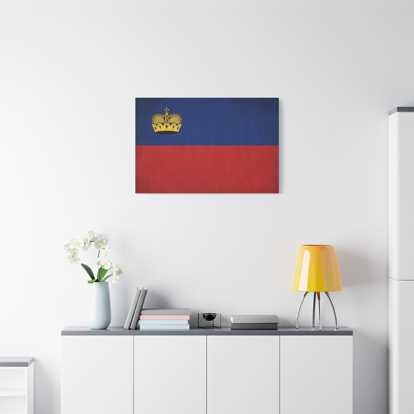 Liechtenstein Flag Canvas Wall Art - Blue Red Banner With Gold Crown - Minimalist National Print, Cotton Canvas Decor - Living Room Wall Decor, Bedroom Home Decoration - Bedroom Home Decoration