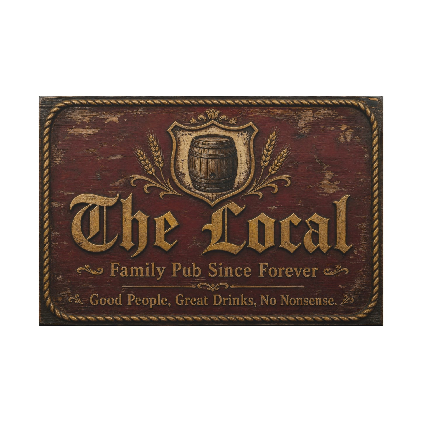 "The Local" Vintage Pub Canvas Wall Art - Rustic Tavern Sign, Barrel Crest Typography - Distressed Wood Look, Traditional Style - Bar Room Decor, Man Cave Accent, Restaurant Wall Hanging