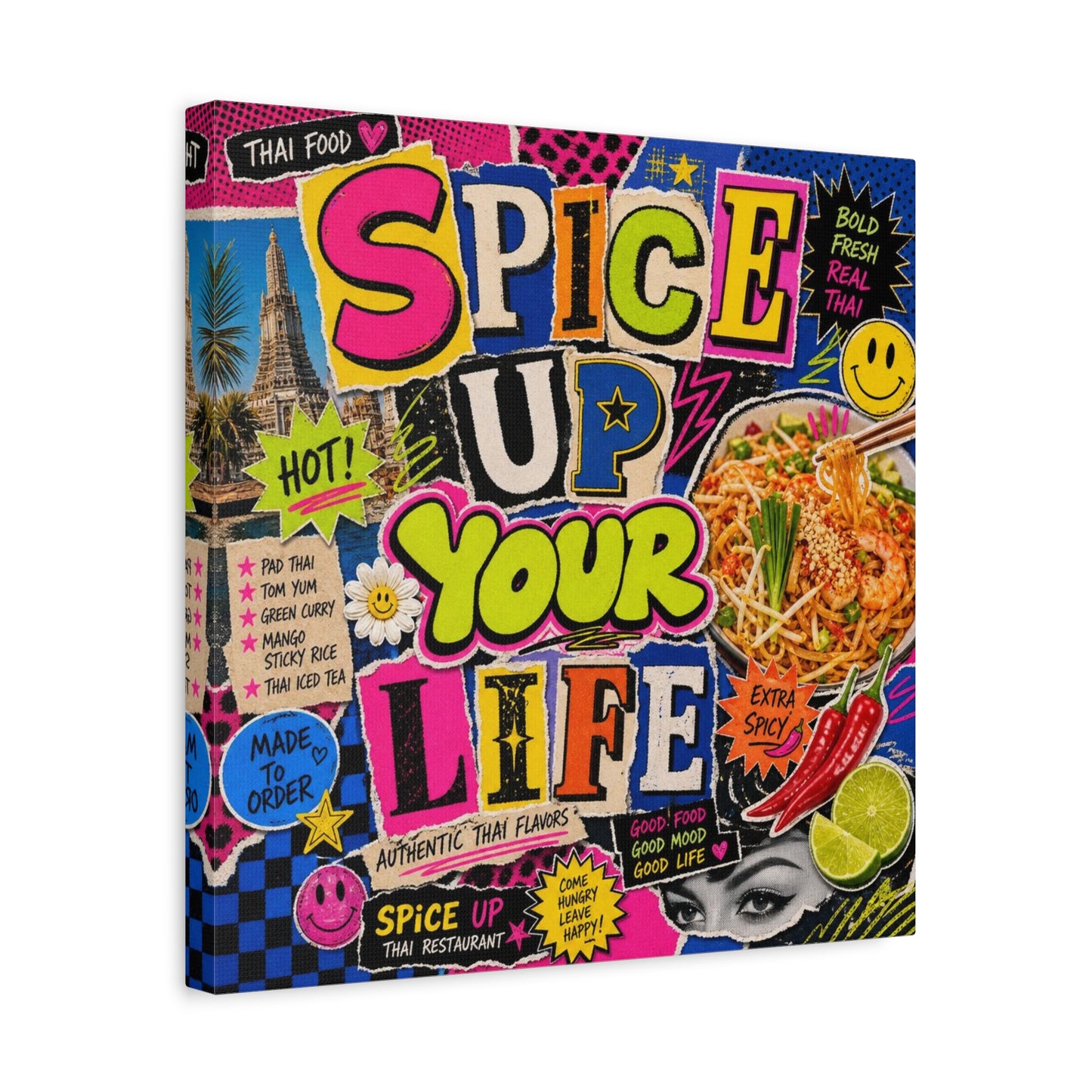"Spice Up Your Life" Canvas Wall Art - Thai Food Pop Art Collage, Typography Print, Neon Color Street Poster Style, Cafe Decor, Dining Room Accent, Kitchen Wall Hanging, Contemporary - Ready to Hang