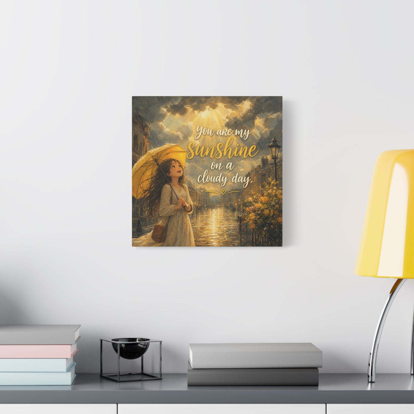 "You Are My Sunshine On A Cloudy Day" Canvas Wall Art - Girl With Yellow Umbrella Quote Print - Golden Rainy Street Painting, Inspirational Decor - Bedroom Home Decoration - Living Room Wall Decor